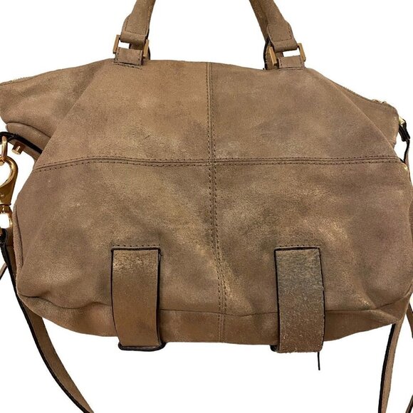 She + Lo Next Chapter Satchel Crossbody Beige Metallic Leather Studs w/ Strap - Picture 5 of 9